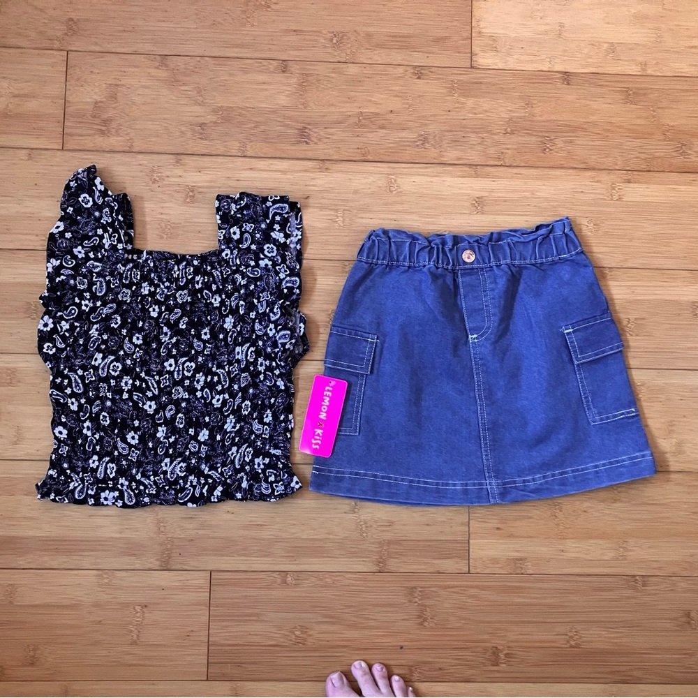 NWT Girls Size 6X Outfit - Top Shirt & Denim Skirt with Pockets